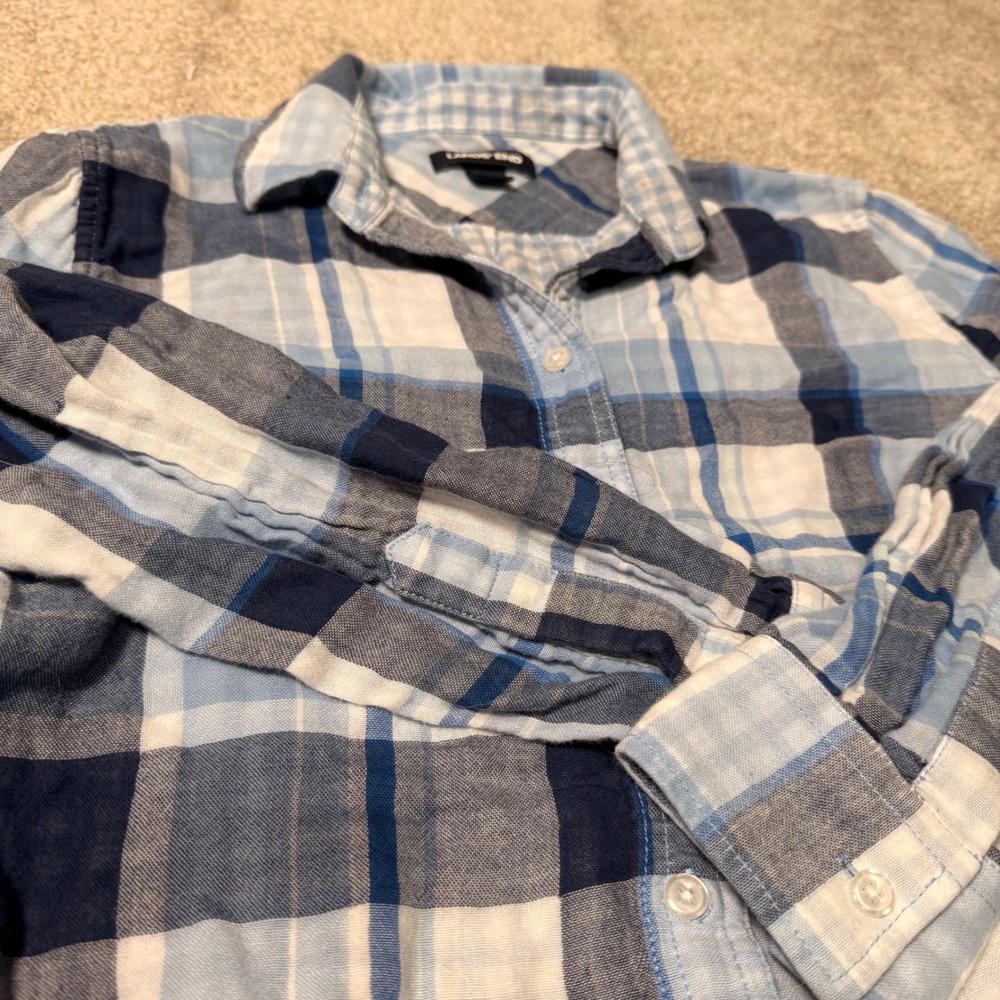 Lands End Womens 10P Blue Plaid Cotton Button Down Shirt Long Sleeve Petite